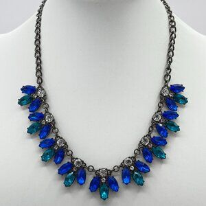 Royal Blue and Green Rhinestone flower petals on gunmetal chain